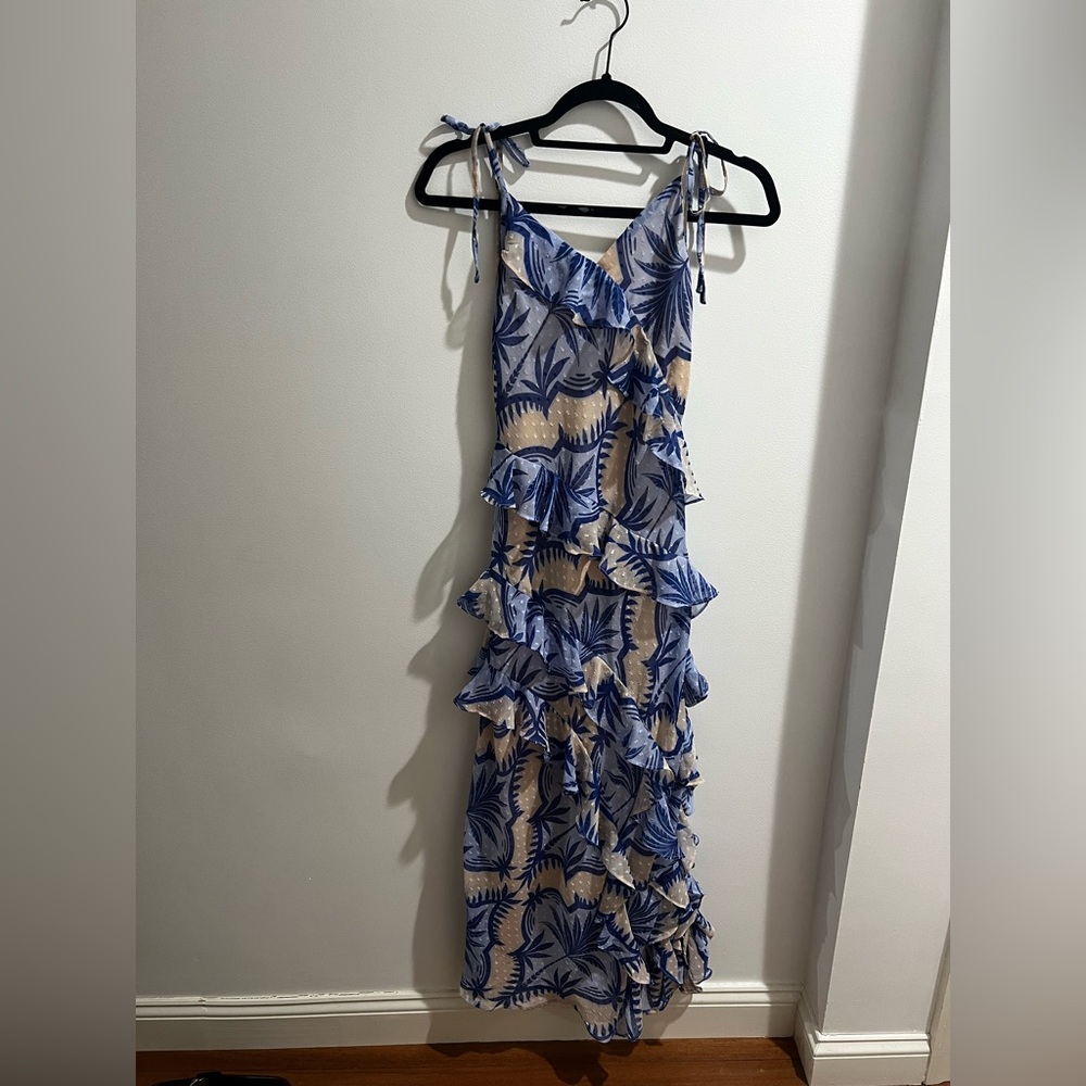 Never Fully Dressed Blue and Cream Leaf Print Maxi Dress